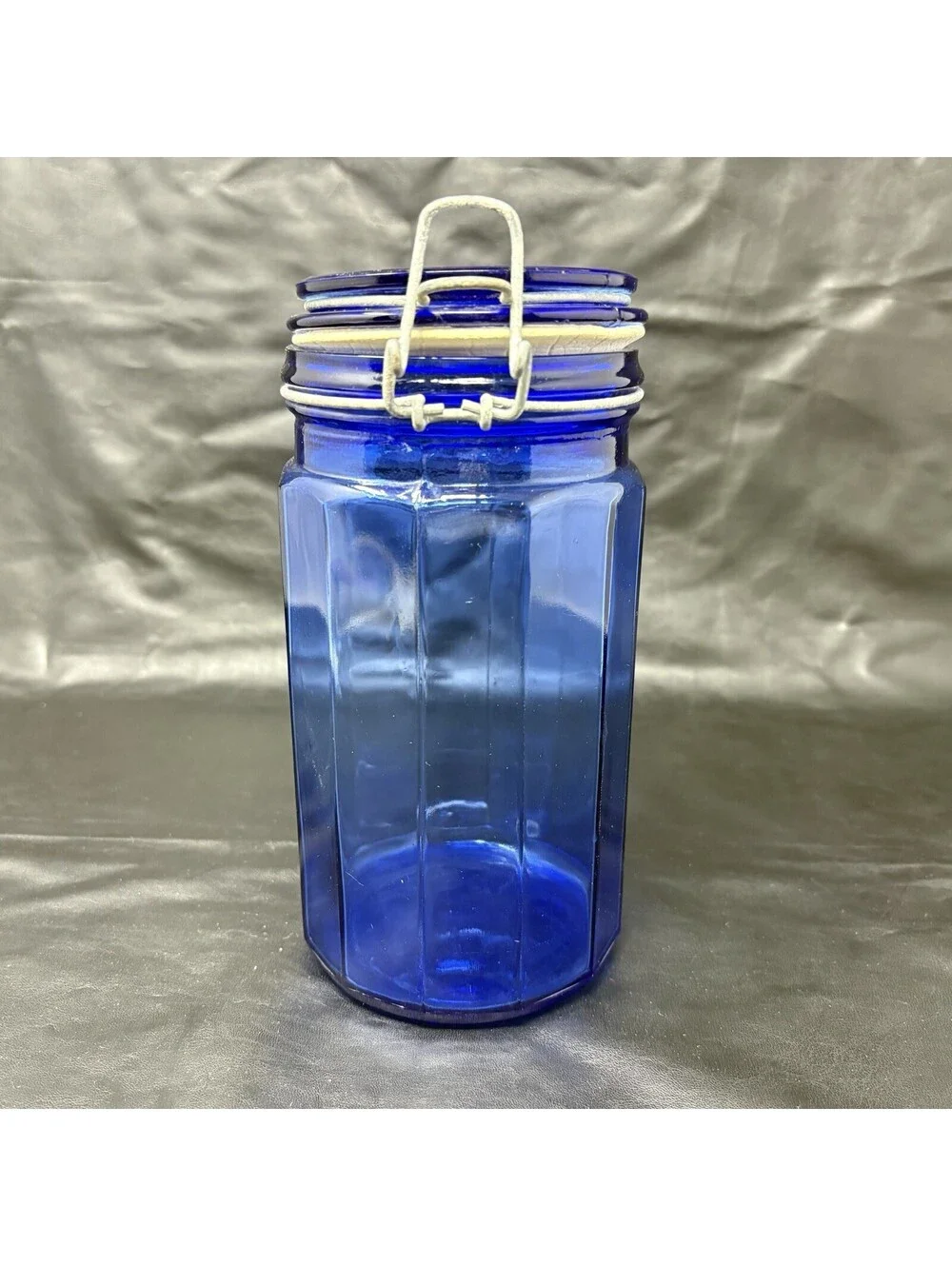 Cobalt Blue Jar Glass Storage Holder With Attached Wire Locking Lid 8” Tall